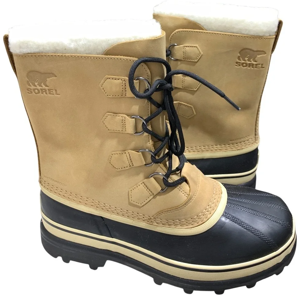 Sorel Caribou Mens Waterproof Winter Snow Boots Buff Black NM1000-281 Size 11
